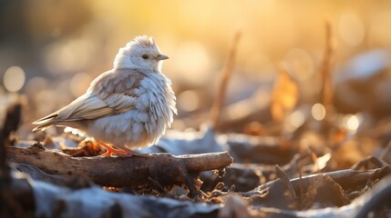 White bird on the ground in the winter forest. Wildlife scene from nature.