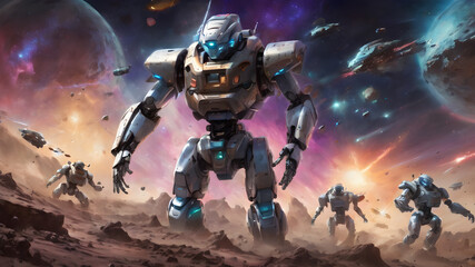 Fototapeta premium Aliens, robots, stars and space