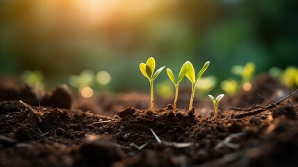 Seedlings are thriving in rich soil, reaching for the morning sunlight in line with ecological principles. - obrazy, fototapety, plakaty