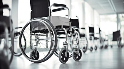 Wheelchairs in the hospital, waiting to serve patients.