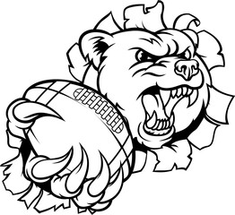 A bear animal sports mascot holding American football ball breaking through the background with its claws