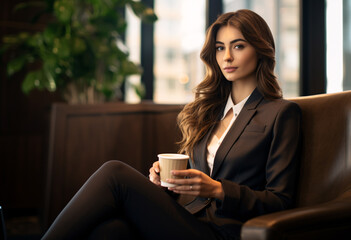 Fototapeta premium A business woman in a suit sitting on couch in an office holding a coffee mug