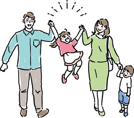 笑顔で手を繋いでお出かけする家族