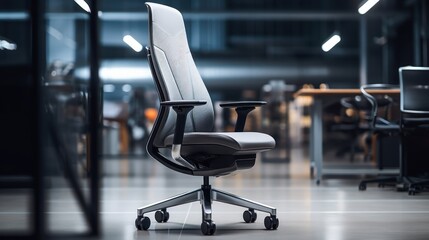 An ergonomic home office chair complements the adjustable standing desk setup. - obrazy, fototapety, plakaty