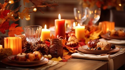 Fototapeta na wymiar A festive Thanksgiving table setting featuring autumn leaves and candles.
