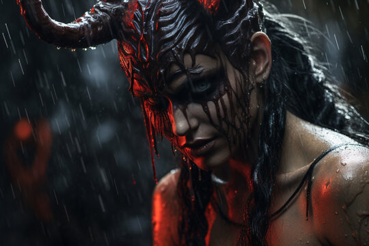 A devil with makeup in the rain, in the style of epic fantasy scenes, beautiful tormented female demon, human face, dark hair, red blood running down slick on white skin, dark eyes black horns