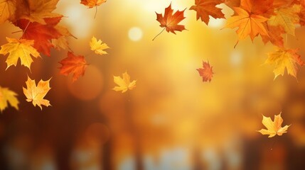 Naklejka na ściany i meble Autumn background with maple leaves soaring through the air.