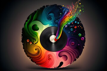 Music background with vinyl record disc and colorful music notes 