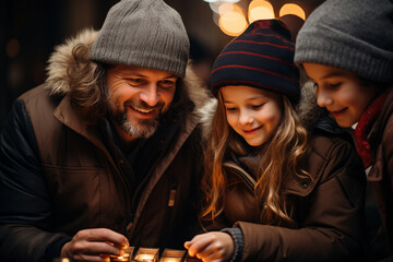 A Caucasian family of three with father daughter and son wearing cozy winter clothes and hats gathered around lighting candles 