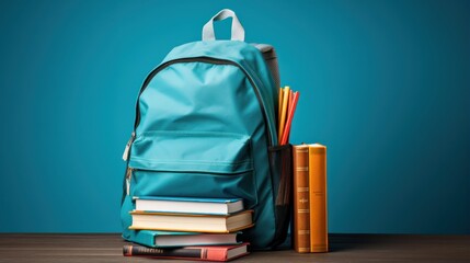 A complete school backpack with books, isolated on a blue background with available copy space. - obrazy, fototapety, plakaty