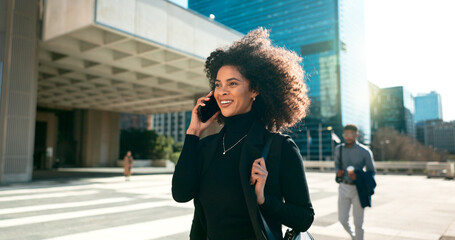 Walking, smile or businesswoman in city on a phone call talking, networking or speaking in travel....