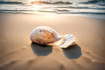 Fototapeta na wymiar A single seashell resting on a smooth, sandy beach with the waves gently approaching.