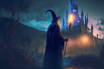witch in robes age 16 weilding a wand magic light at the tip of the wand outside in windy conditions blue and gold theme spooky castle in background 4k UHD HDR ambiant lighting  - obrazy, fototapety, plakaty