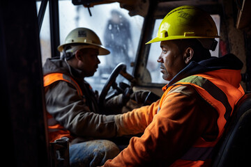 Dynamic Collaboration: Construction Workers Operating Heavy Machinery with Precision and Focus at a Construction Site