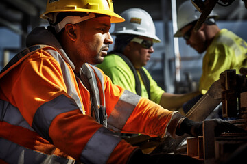 Dynamic Collaboration: Construction Workers Operating Heavy Machinery with Precision and Focus at a Construction Site