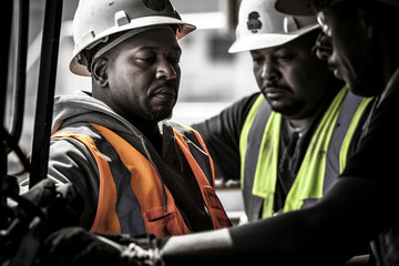 Obraz premium Dynamic Collaboration: Construction Workers Operating Heavy Machinery with Precision and Focus at a Construction Site