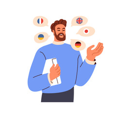 Polyglot, multilingual speaker. Man speaking many different foreign languages, talking, studying, knowing English, Gernan, French, Japanese. Flat vector illustration isolated on white background