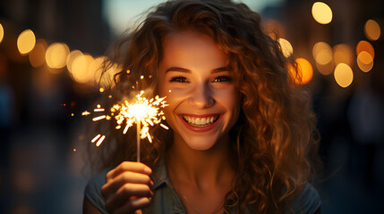 smiley woman hand holding fireworks