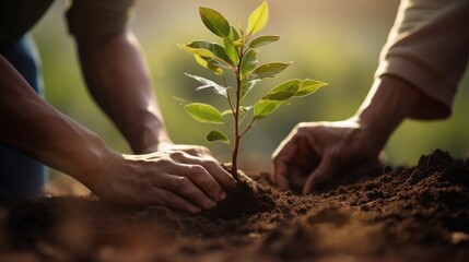 Close up human hands planting trees environment restoration, SCG concept, save the world and earth day.