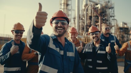 Group of professional petroleum engineer feeling happy and successful after hard working at the exploration of petroleum site oil construction. - obrazy, fototapety, plakaty