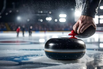A curling stone being released down the ice with precision.