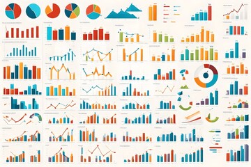 A set of colorful charts and graphs representing business analytics