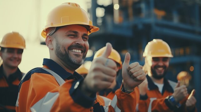 Group of professional petroleum engineer feeling happy and successful after hard working at the exploration of petroleum site oil construction.
