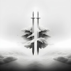 flying swords on white planet fog  - obrazy, fototapety, plakaty