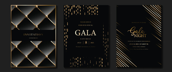 Luxury invitation card background vector. Golden elegant geometric shape, gold lines gradient on dark background. Premium design illustration for gala card, grand opening, party invitation, wedding. - obrazy, fototapety, plakaty