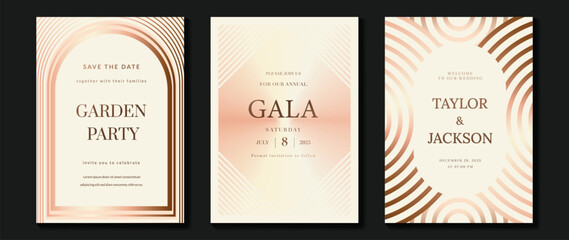 Luxury invitation card background vector. Golden elegant geometric shape, rose gold lines gradient on light background. Premium design illustration for gala card, grand opening, party invitation.