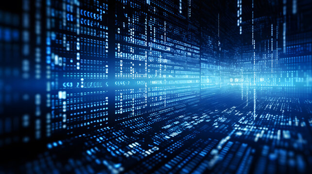 Blue digital binary data on computer screen background. binary code background . abstract blue background