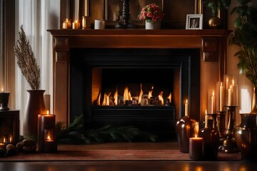 A cozy fireplace with a mantel, adorned with family photos and decorative vases.