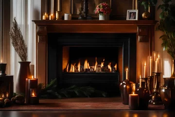 Foto auf Acrylglas A cozy fireplace with a mantel, adorned with family photos and decorative vases. © Tae-Wan