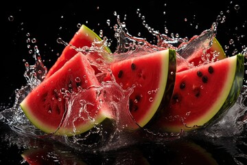 Water splashing on sliced watermelon fruit isolated on black background