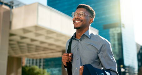 Business, happy and walking black man on city journey, commute trip and realtor smile on way to...