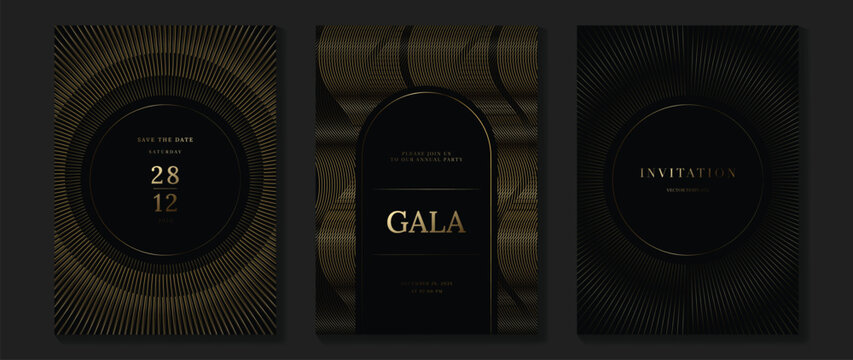 Luxury invitation card background vector. Golden elegant geometric shape, gold lines gradient on dark background. Premium design illustration for gala card, grand opening, party invitation, wedding.