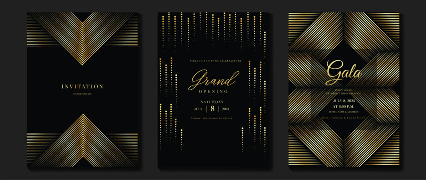 Luxury invitation card background vector. Golden elegant geometric shape, gold line, dot gradient on dark background. Premium design illustration for gala card, grand opening, party invitation.