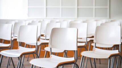 A row of empty chairs facing a classroom whiteboard, awaiting students.