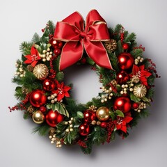 Fototapeta na wymiar Festive Christmas Wreath with Various Ornaments on White Background