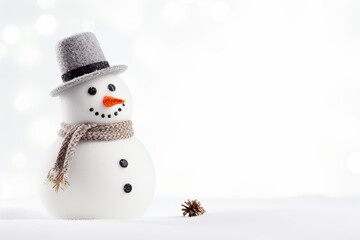 Cheerful Snowman wearing Hat and Scarf on White Background, Winter Illustration for Christmas and Holiday Concepts