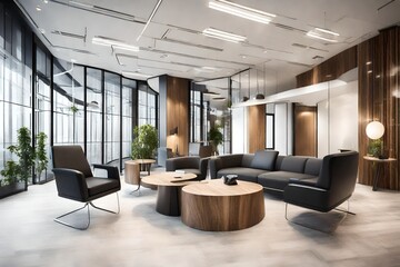 A stylish office reception area with a contemporary design and comfortable seating for visitors.