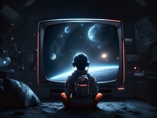 young boy whose dream is to become an astronaut watches space on television