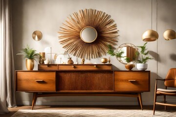 A mid-century modern sideboard with retro decor items and a sunburst mirror.