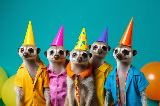 happy birthday party, meerkats in caps