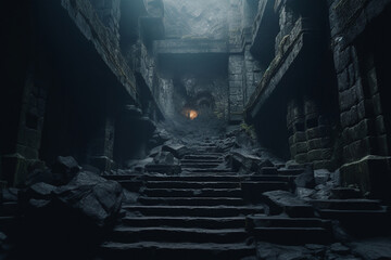 gloomy dungeon, steps leading up - obrazy, fototapety, plakaty