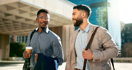 Smile, talking and walking with business men in the city on their morning commute into work...