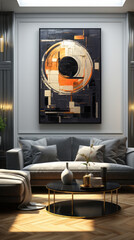 Modern living room interior design with a black sofa, a round coffee table, a round mirror and a coffee table.