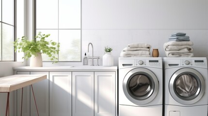 A modern washing machine is positioned in a white and blurry home laundry room, next to an empty marble tabletop that offers blank space for product display.
