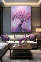 Interior of modern living room with purple sofa and flower in vase.