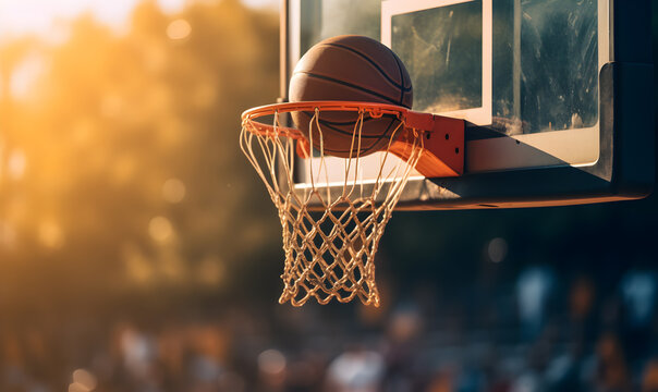 Detail of basket ball being dunk into the basketball net.